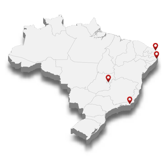 Mapa do Brasil na cor branca com marcações vermelhas nos estados com franquias da Agência LAR