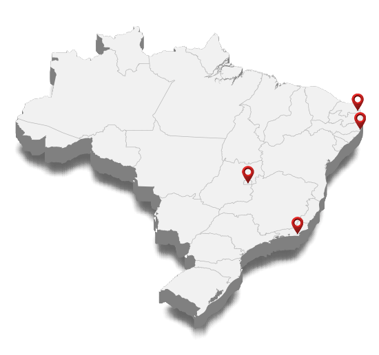 Mapa do Brasil na cor branca com marcações vermelhas nos estados com franquias da Agência LAR